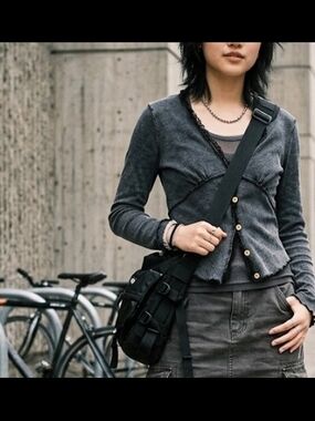 Charcoal Gray Layered Button Cardigan (Sz L) Acubi Streetwear Noir Feminine